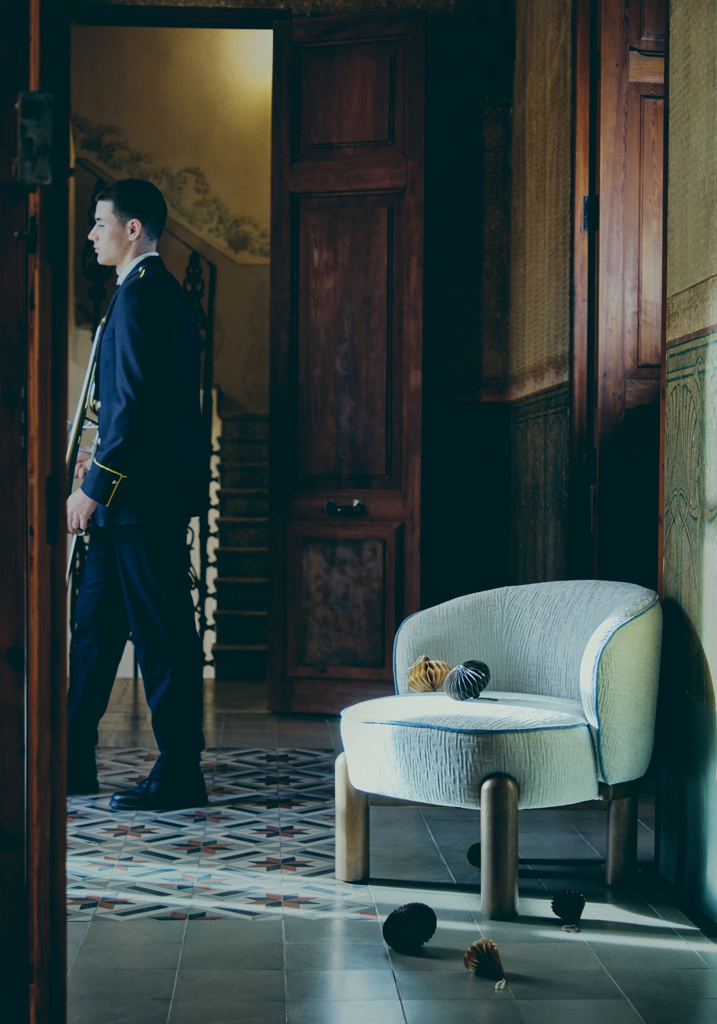 Louis Fabric and Wood Armchair