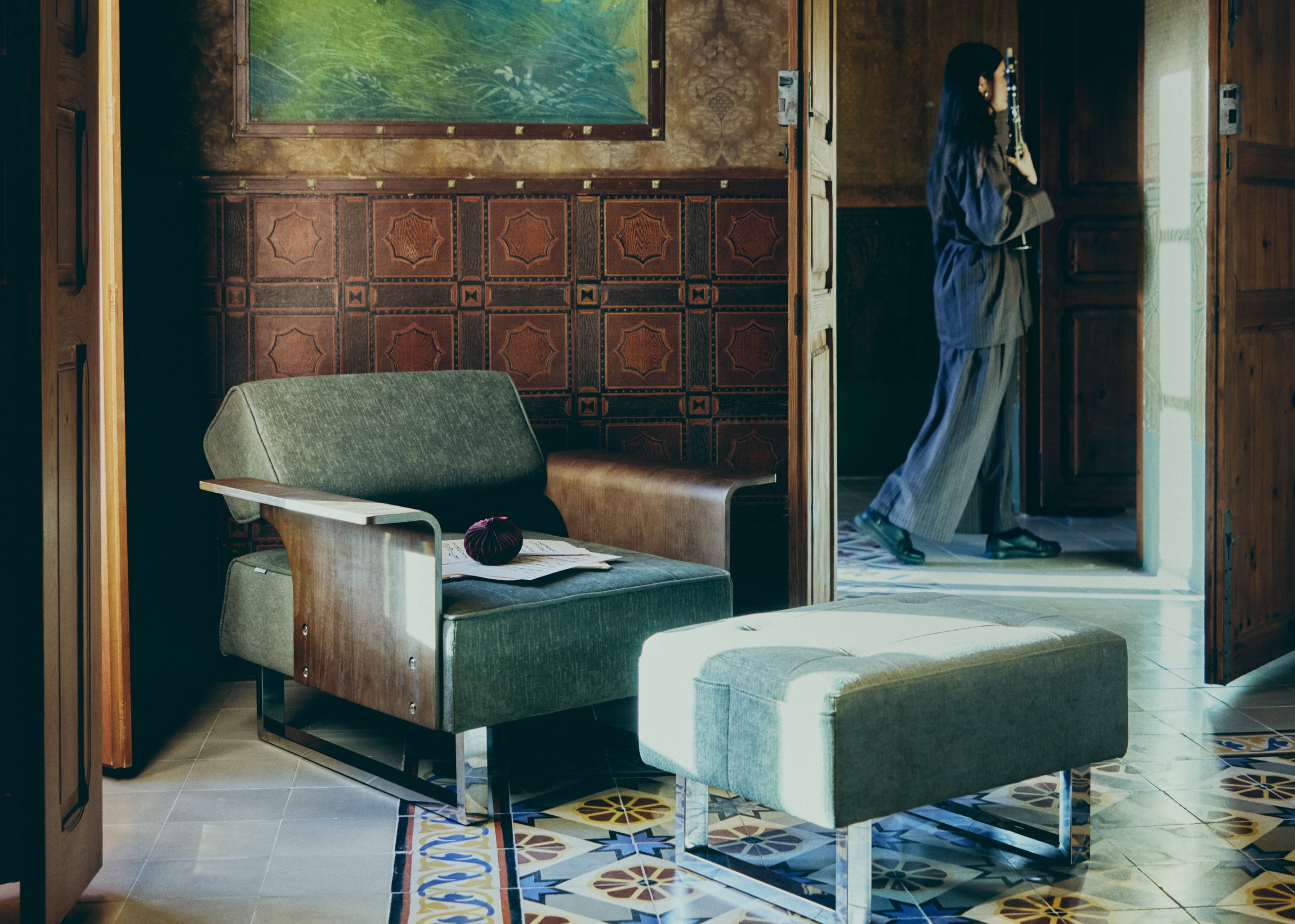 70s Fabric and Wood Recliner Chair with Footrest