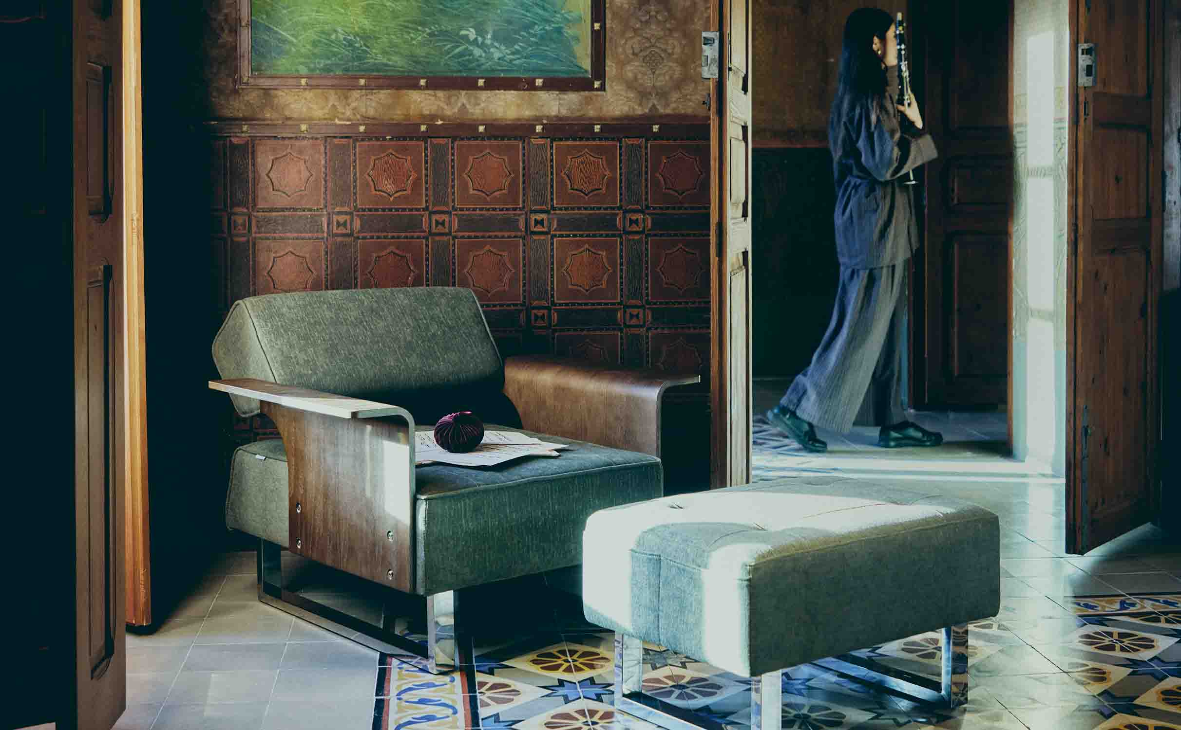 70s Fabric and Wood Recliner Chair with Footrest