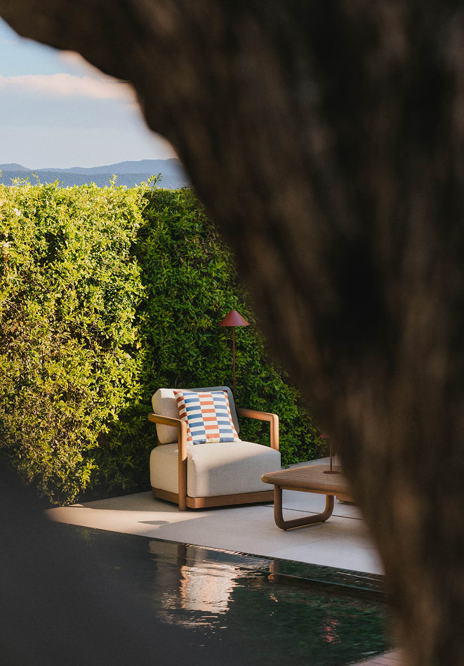 Set de Jardín con Sofá 2 Plazas, 2 Sillones y Mesa de Centro de Madera de Eucalipto y Tela Elnes