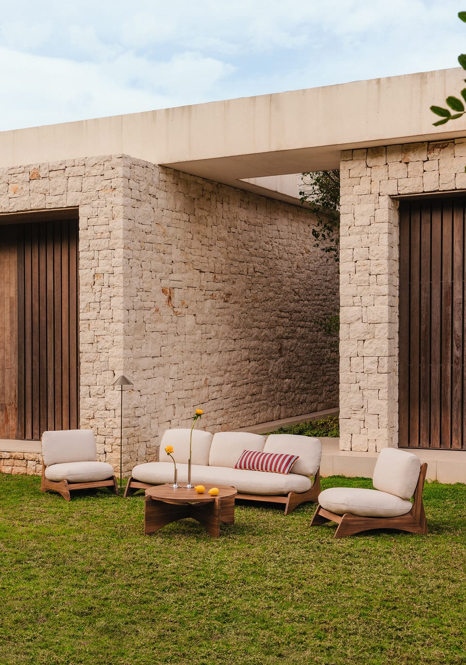 Set de Jardín con Sofá 3 Plazas, 2 Sillones y Mesa de Centro de Madera de Acacia y Tela Lorent