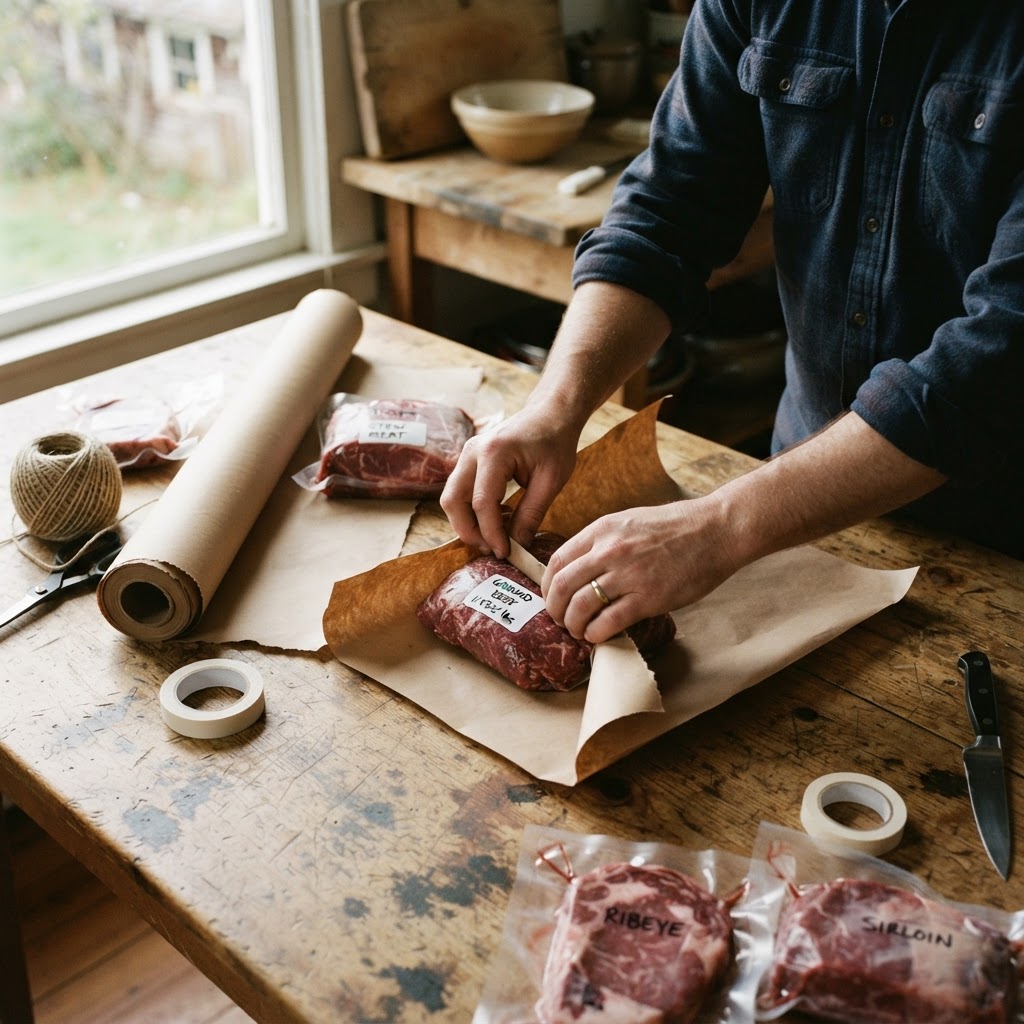 Hands wrapping cuts of beef in butcher paper