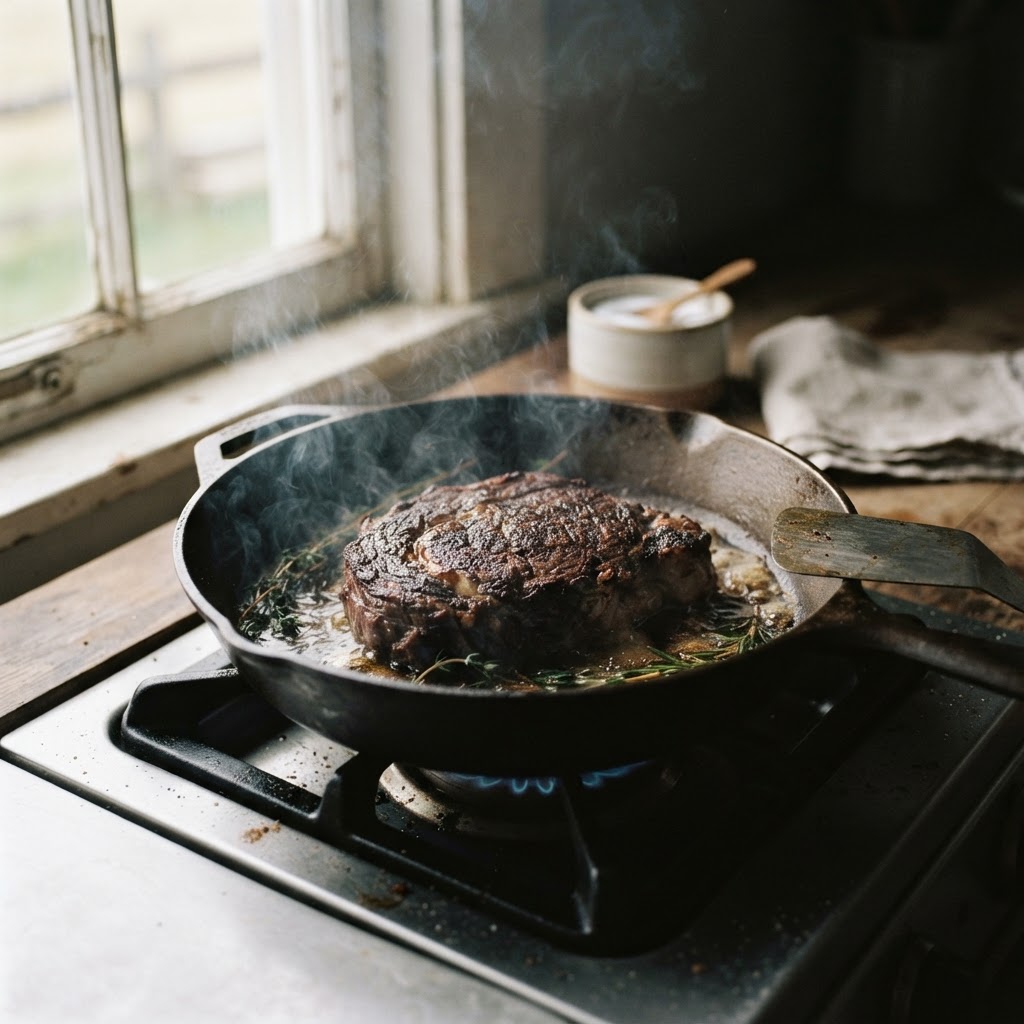 A dry-aged dairy beef steak cooking in a cast iron pan