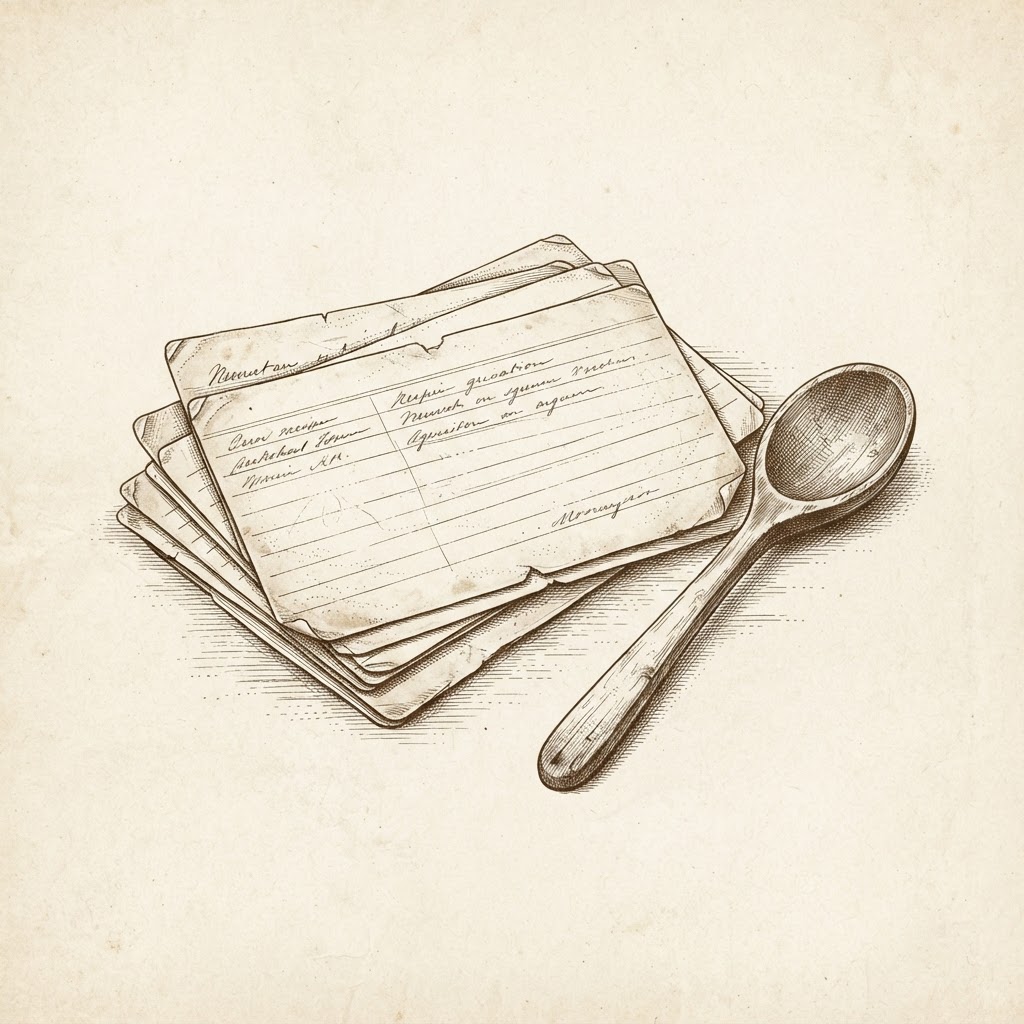 Vintage line drawing of recipe index cards and a wooden spoon
