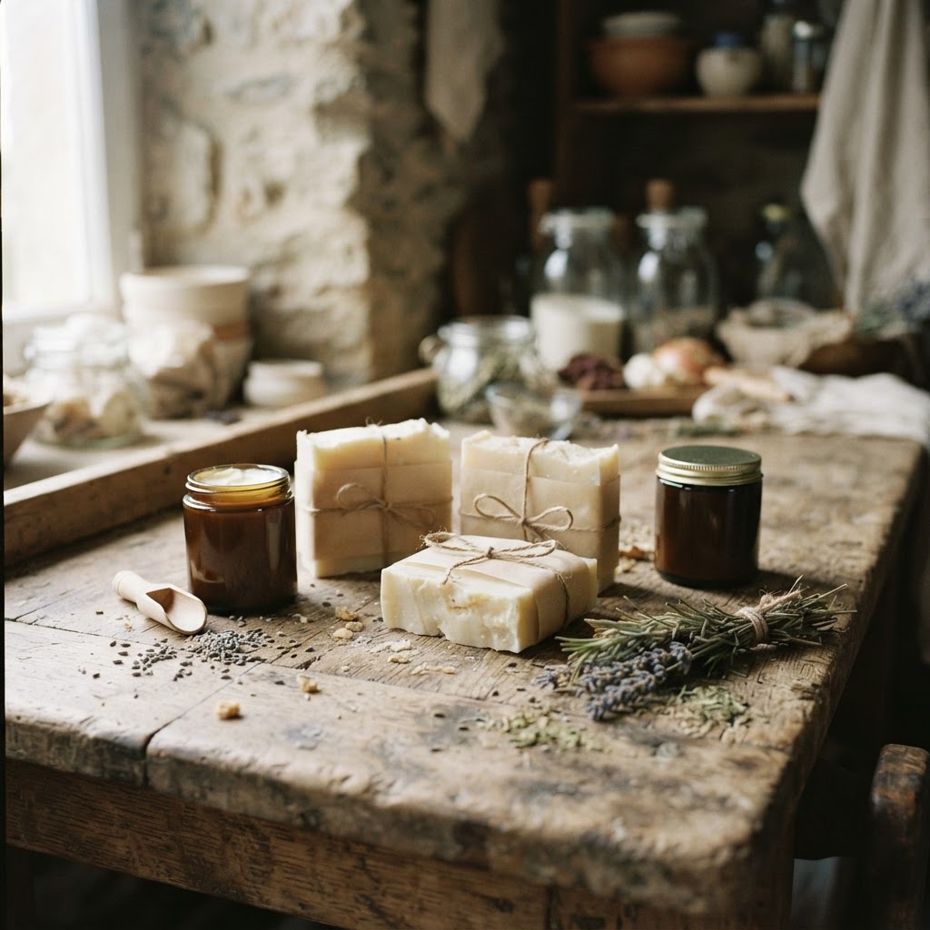 Handcrafted tallow bars and jars on a simple wooden surface in natural light