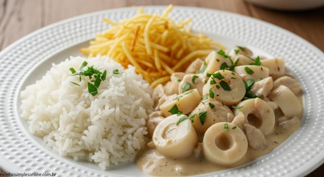 Estrogonofe de Palmito com Arroz Branco e Batata Palha: Receita Vegetariana Saborosa e Fácil - Foto da receita pronta