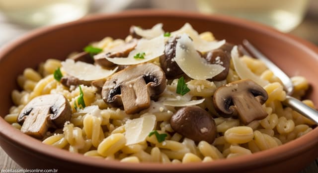 Risoni com cogumelos frescos, vinho branco e queijo grana padano - Foto da receita pronta
