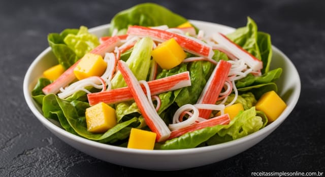 Salada Refrescante de Alface Americana com Kani, Manga e Molho Agridoce: Receita Leve e Deliciosa! - Foto da receita pronta