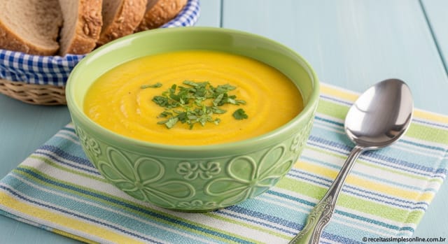 Sopa Cremosa de Mandioquinha com Alho-Poró e Azeite de Ervas: Receita Fácil e Reconfortante para o Inverno - Foto da receita pronta