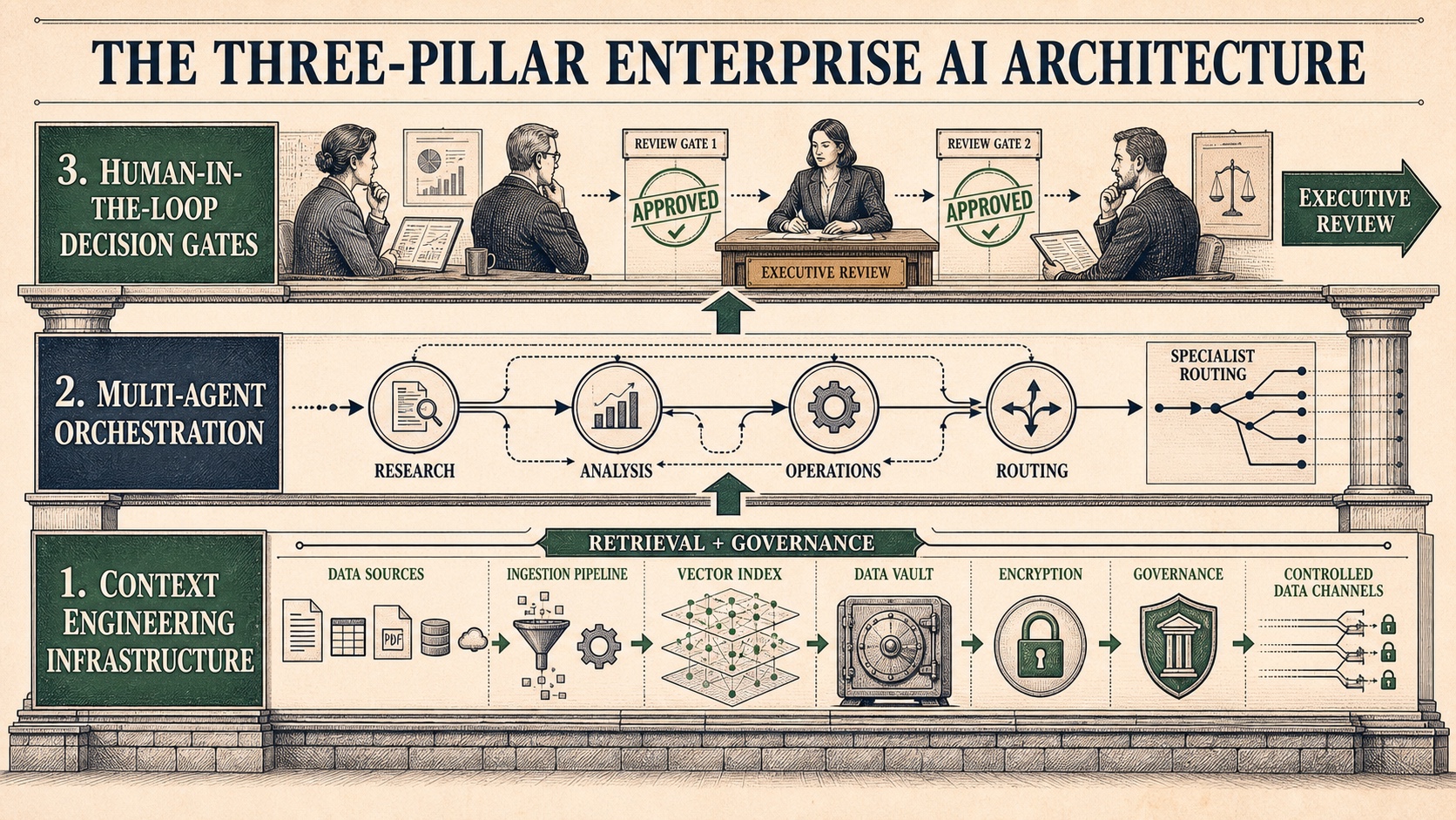 The Three-Pillar Enterprise AI Architecture: Context, Orchestration, and Human-in-the-Loop