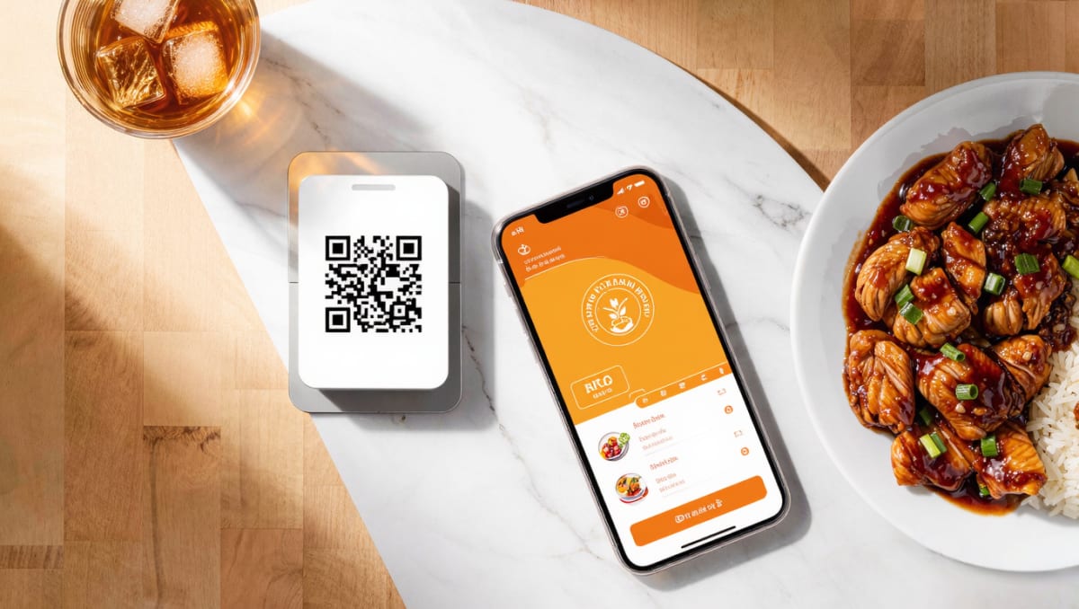 Smartphone showing a live food-ordering menu beside a table QR code and a plate of food