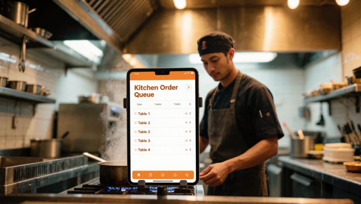 Restaurant chef cooking while checking the Smapey kitchen order queue on a mounted tablet