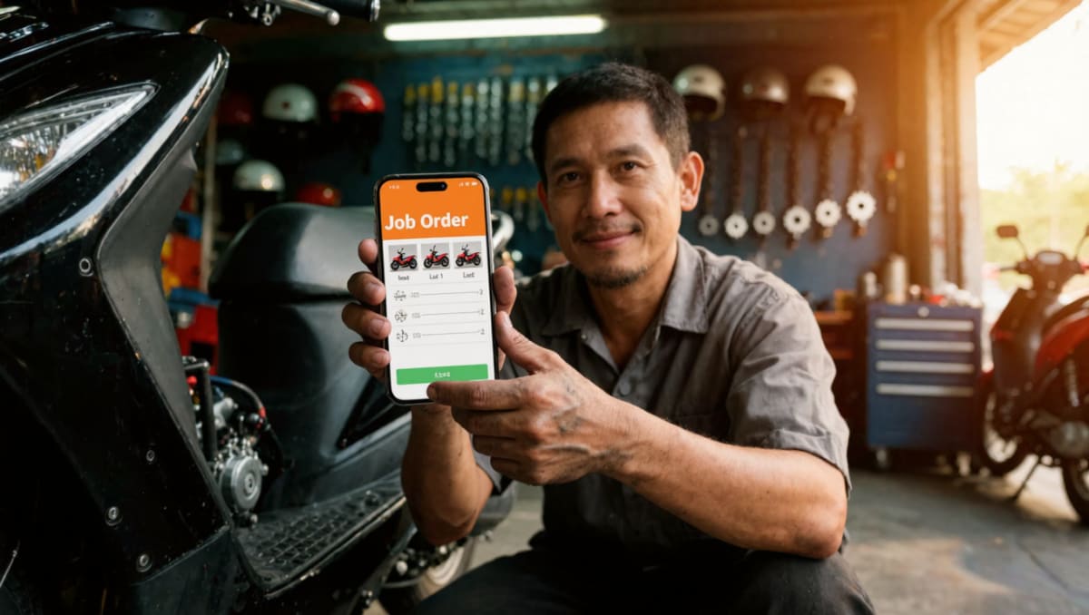 Mechanic in a Philippine repair shop holding a phone showing a job order with photos of the unit being worked on