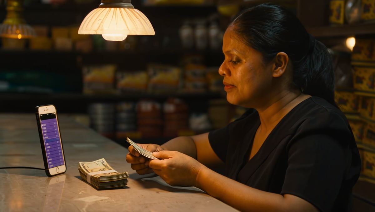 Store owner counting cash at closing time with her customer utang list open on her phone