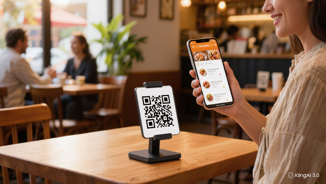 Customer scanning a table QR code to open the restaurant's menu on her phone
