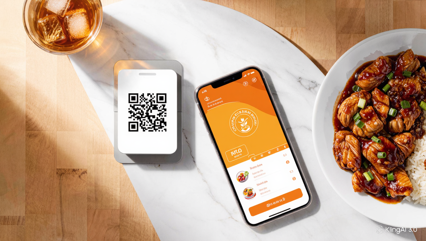 Smartphone showing a live food-ordering menu beside a table QR code and a plate of food