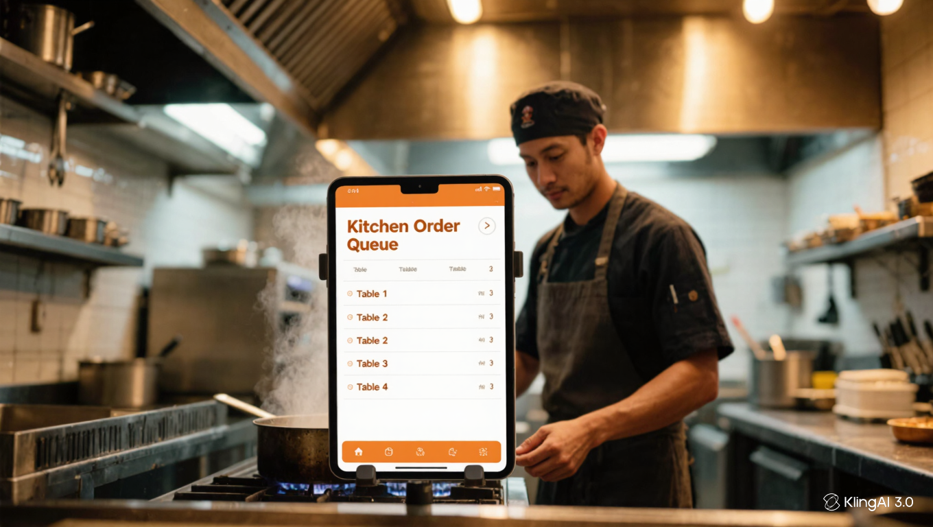 Restaurant chef cooking while checking the Smapey kitchen order queue on a mounted tablet