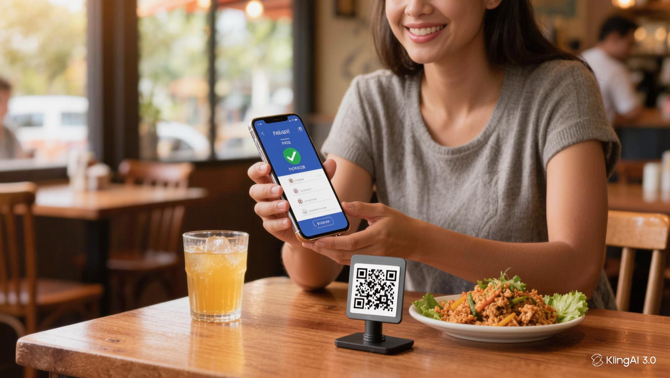 Customer paying with GCash on her phone by scanning the restaurant's GCash QR code at the table
