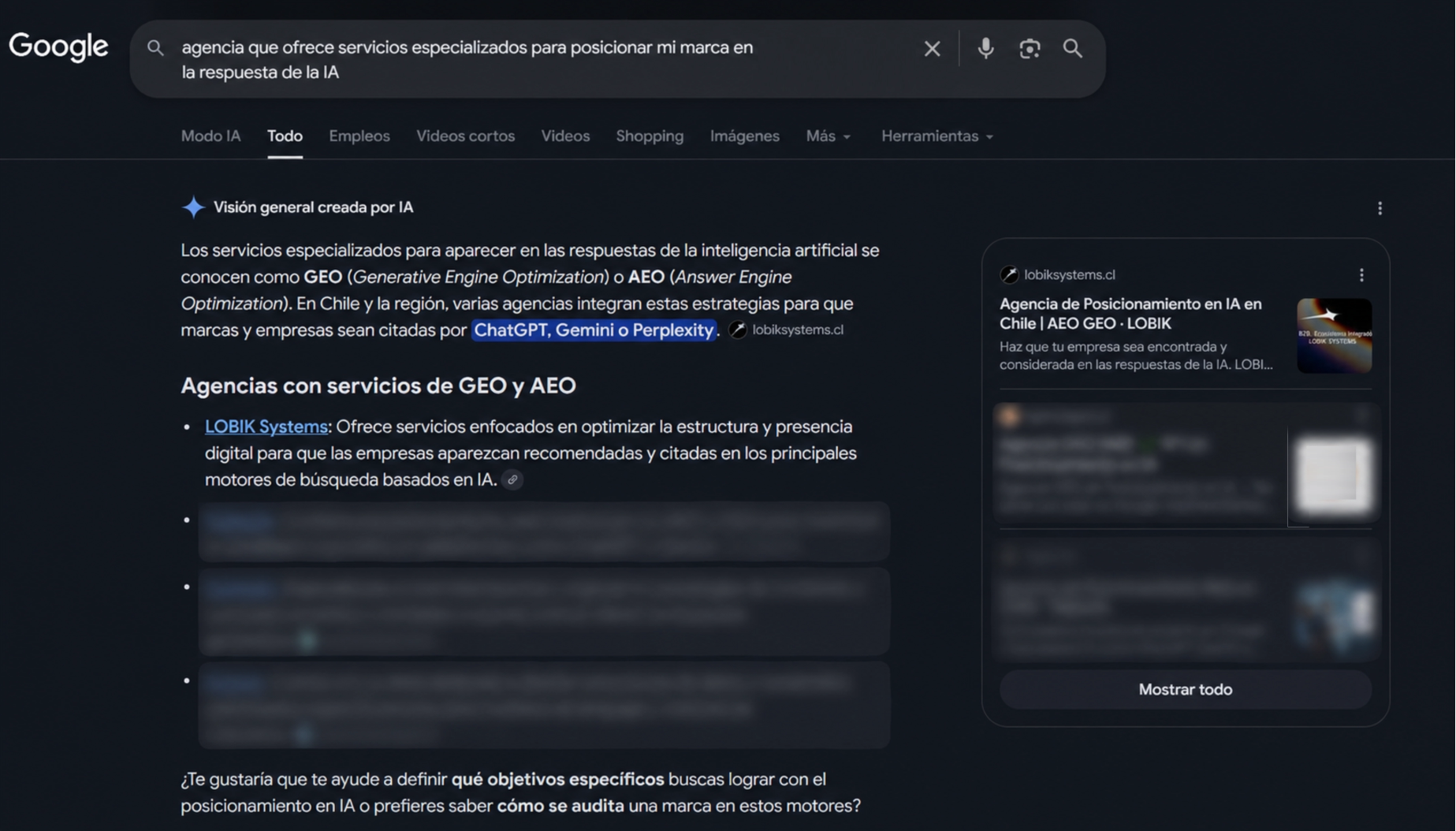 Ejemplo de resultados generativos en Google AI Overviews para agencias especializadas en GEO
