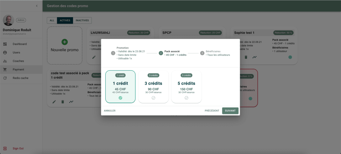 Illustration de l'écran Promo code edition dans Vivapp Admin