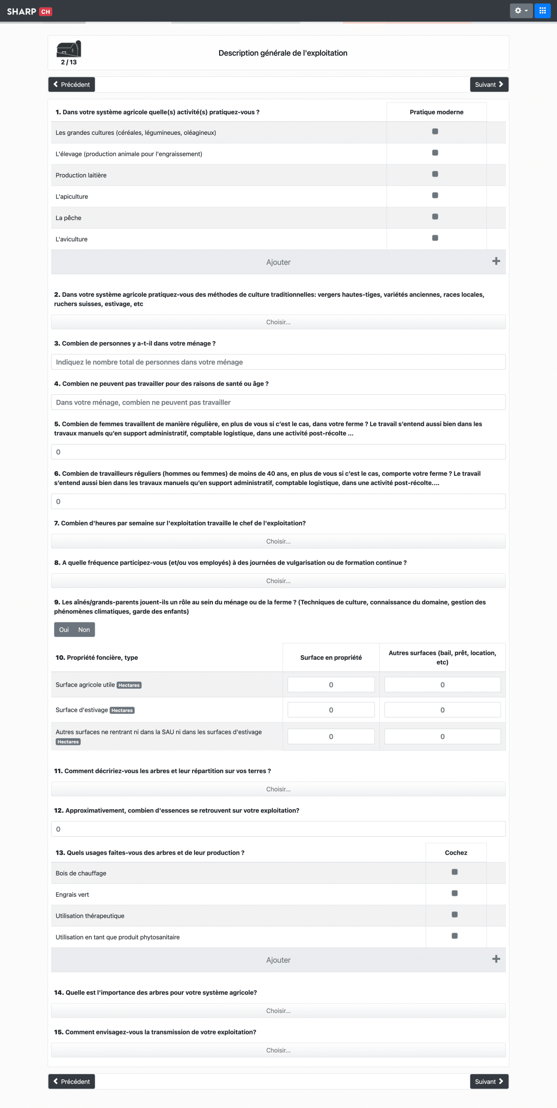 Illustration de l'écran 'Questionnaire' dans SHARP+