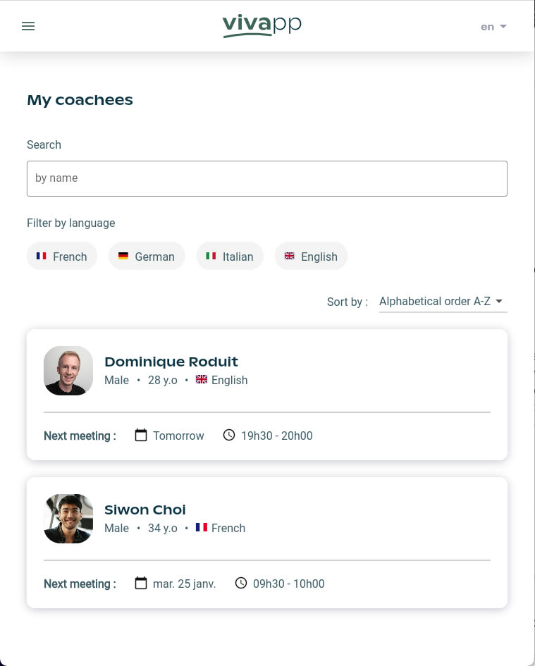 Illustration de l'écran List of coached patients dans Vivapp Coach
