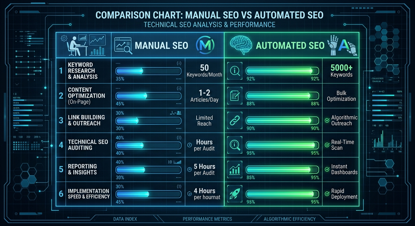 Comparison of manual versus automated SEO maintenance tasks.