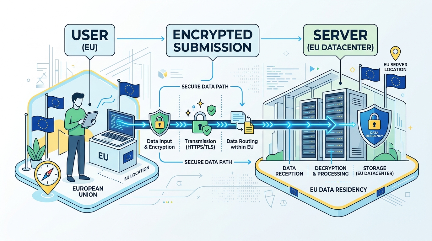 Infographic showing EU data residency and secure transmission flow.