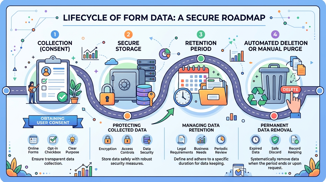 Diagram of the form data lifecycle from collection to deletion.