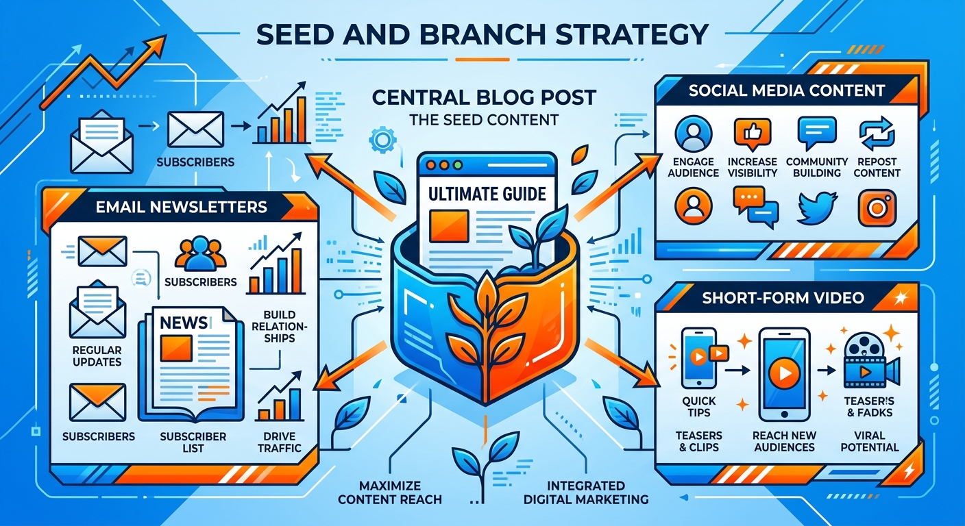 Infographic showing content repurposing from a single blog post to multiple channels.