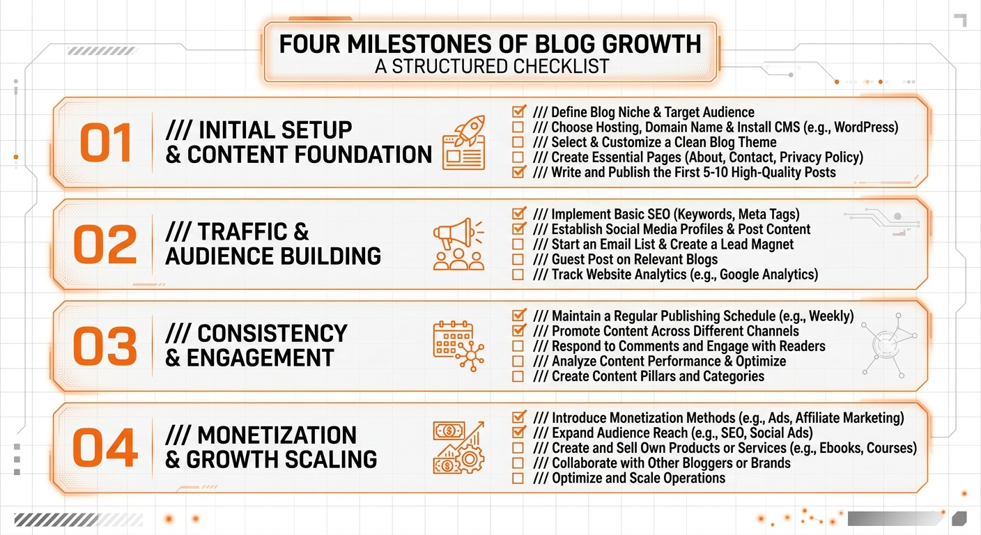 Checklist showing the core milestones for reaching $10k per month.