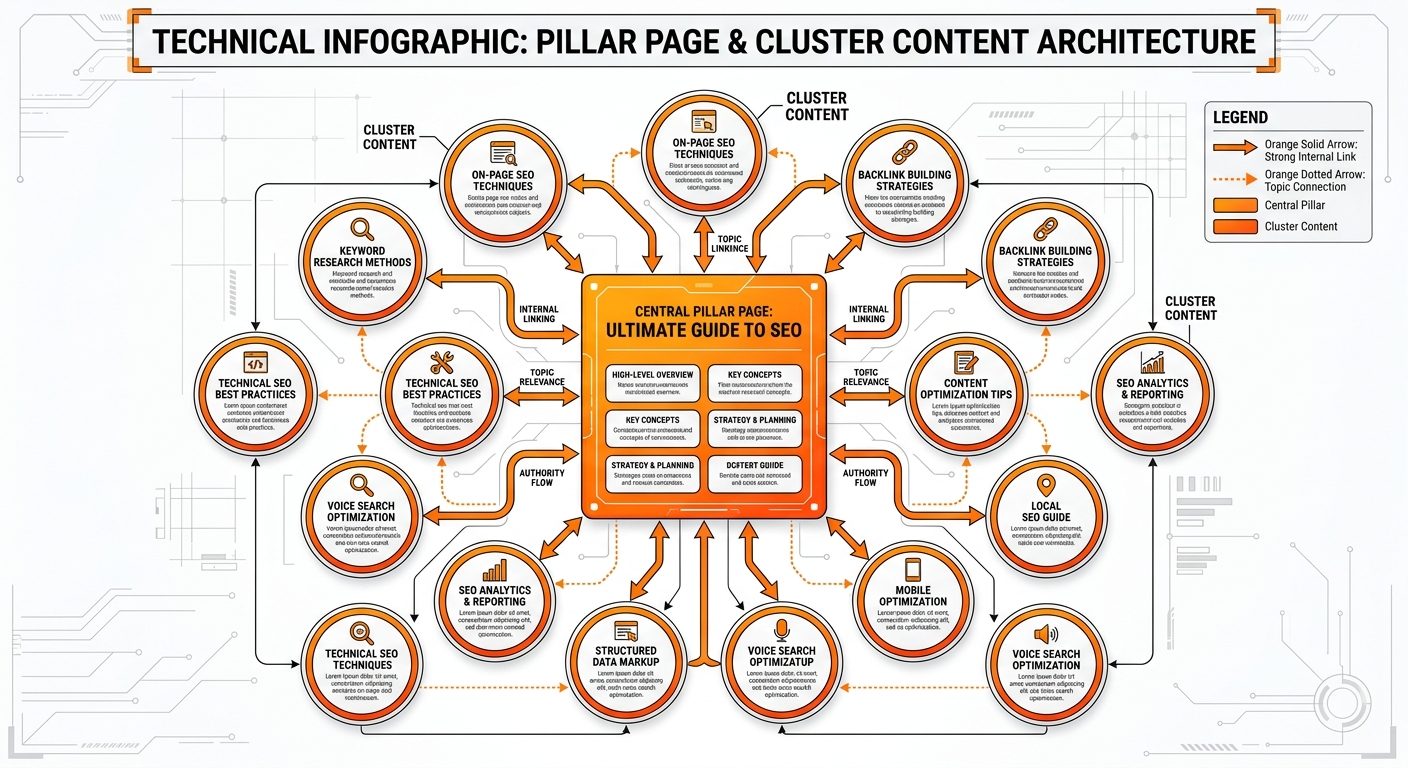 Diagram of a topic cluster strategy showing the relationship between pillar and cluster pages.