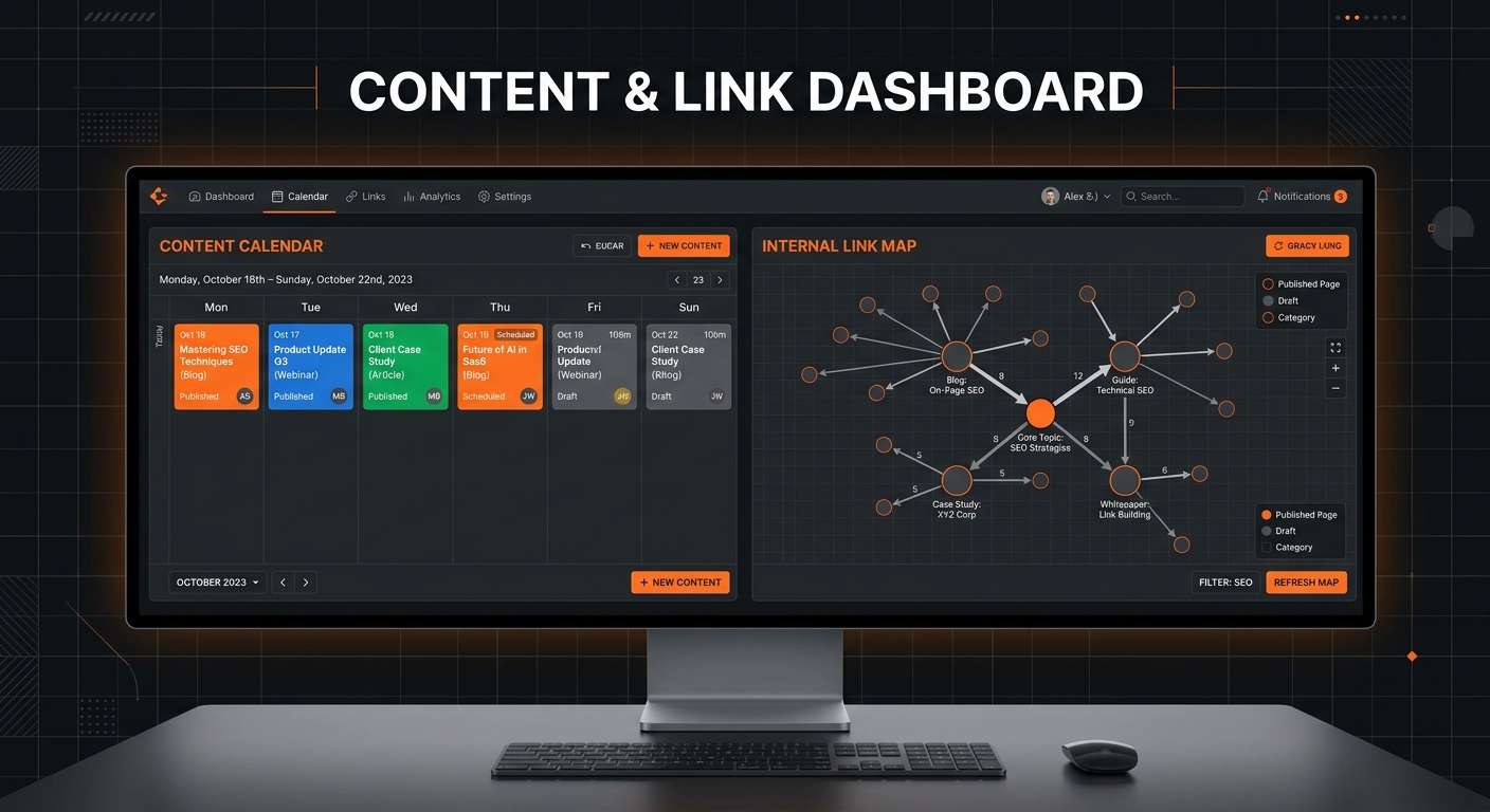 Digital dashboard illustrating automated SEO content management and internal linking.