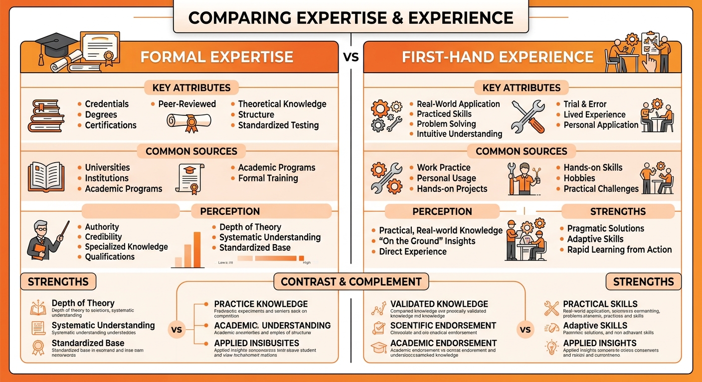 Comparison chart illustrating the difference between expertise and experience in Google's E-E-A-T guidelines.