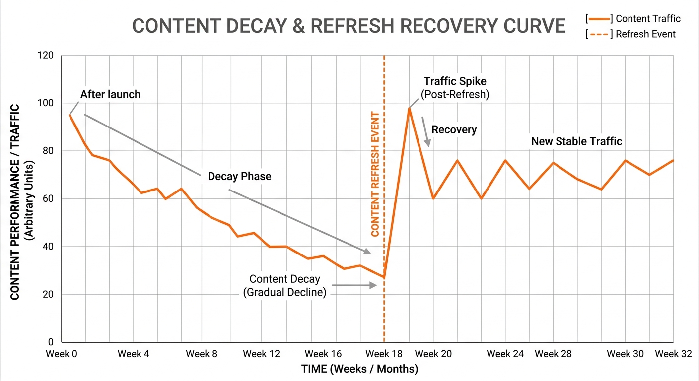 A technical line chart showing a 'Content Decay' curve that suddenly spikes back up after a 'Refresh' event, styled with sharp corners and orange accents.