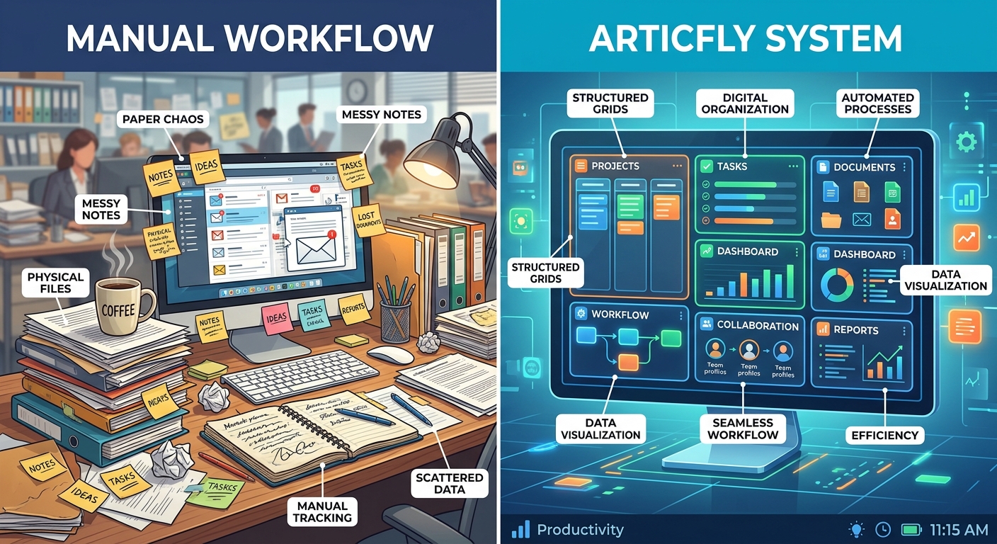 A split-screen graphic: on the left, a cluttered desk with coffee and messy notes labeled 'Manual Workflow'; on the right, a clean digital grid with structured blocks labeled 'Articfly System'.