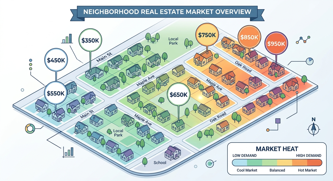 A clean, technical infographic showing a neighborhood map with house price callouts and a Market Heat scale.