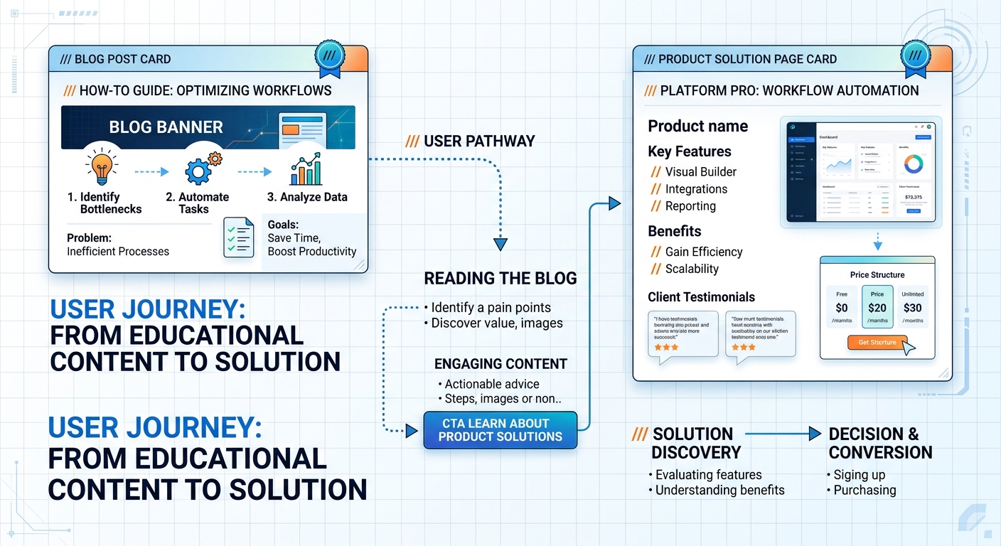 A structured diagram showing the flow from a 'How-to' blog post to a product solution page.