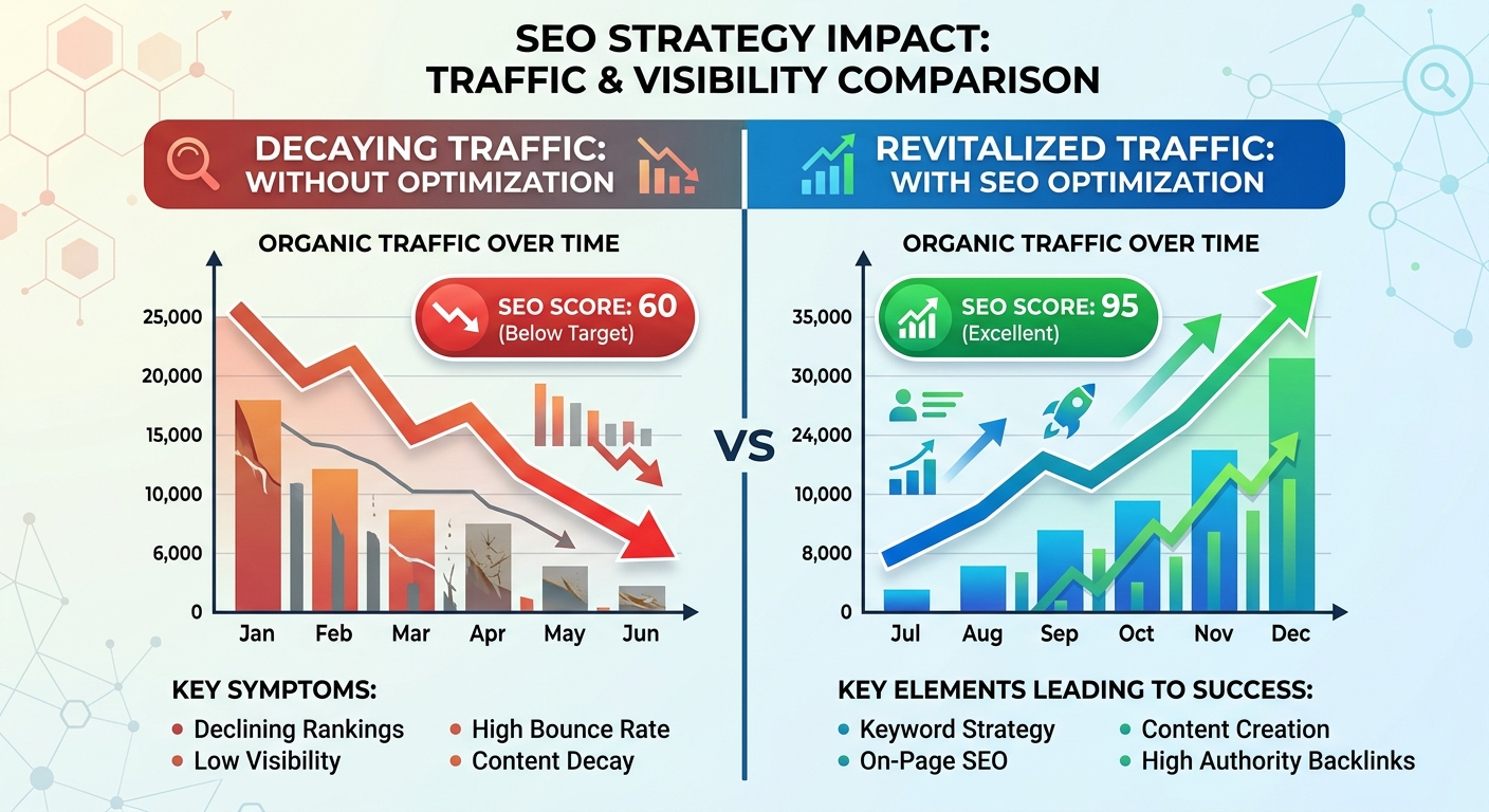 A split-screen comparison showing a 'decaying' content graph being revitalized by an 'update' action.