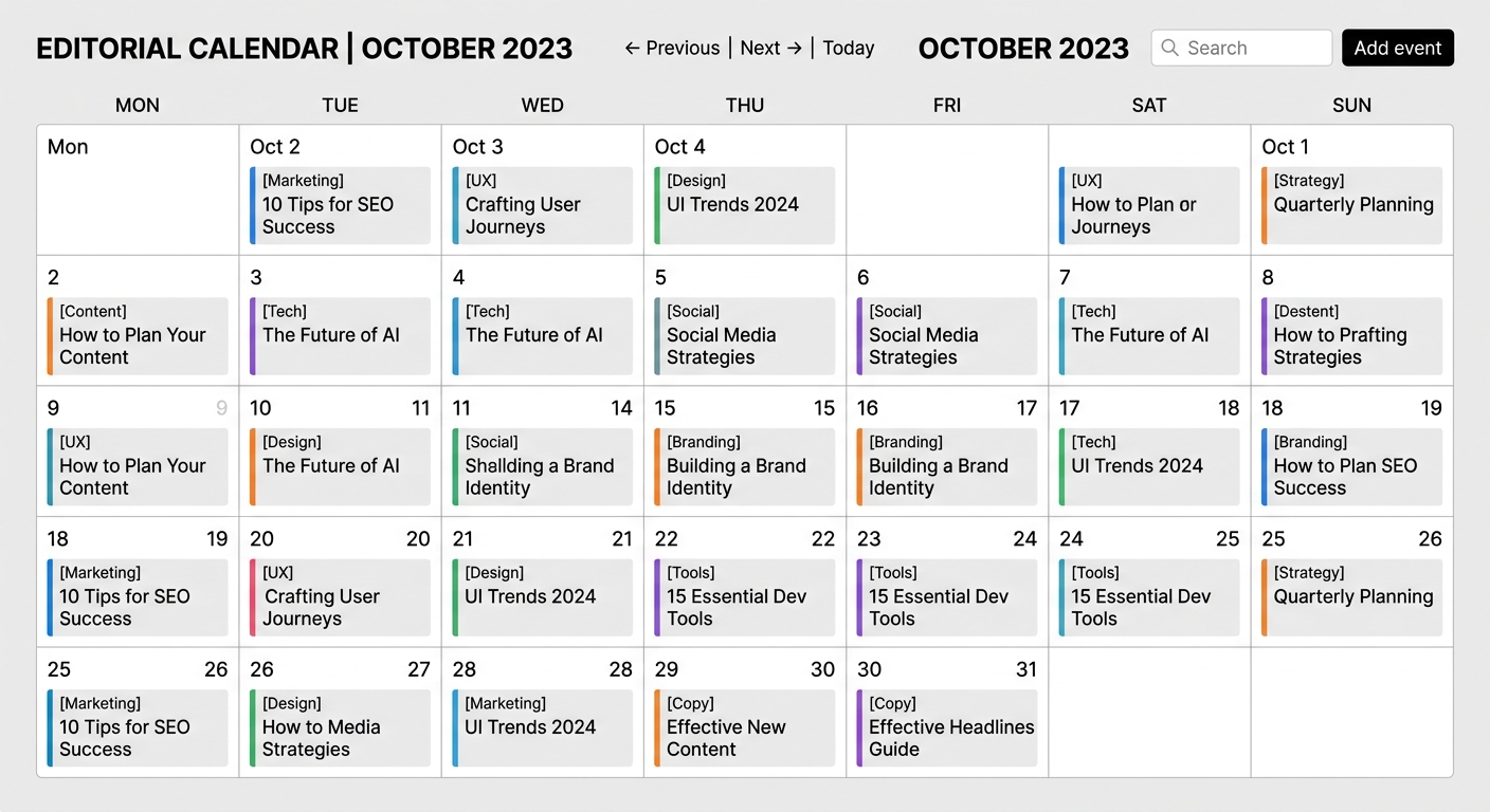 A clean, minimalist UI representation of a 30-day editorial calendar with various blog post titles scheduled.
