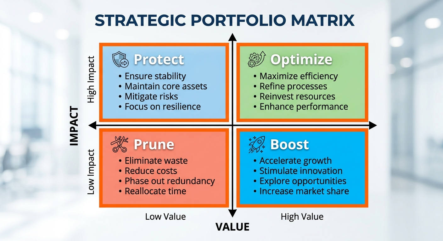 A 2x2 matrix diagram with sharp corners and orange borders, labeling quadrants as 'Protect', 'Optimize', 'Boost', and 'Prune'.
