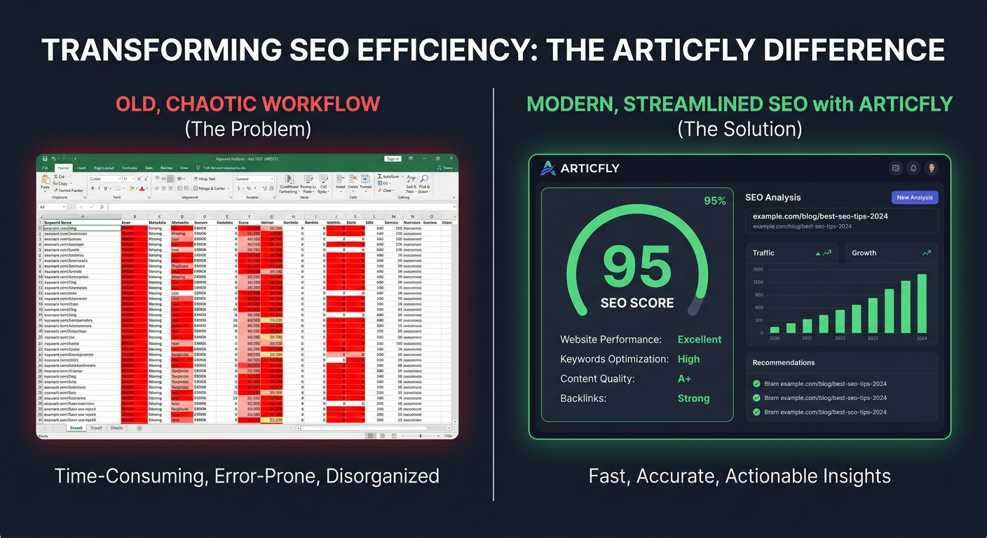 A split-screen graphic: on the left, a cluttered spreadsheet with red cells; on the right, a clean ARTICFLY SEO analysis card with a 95/100 score.
