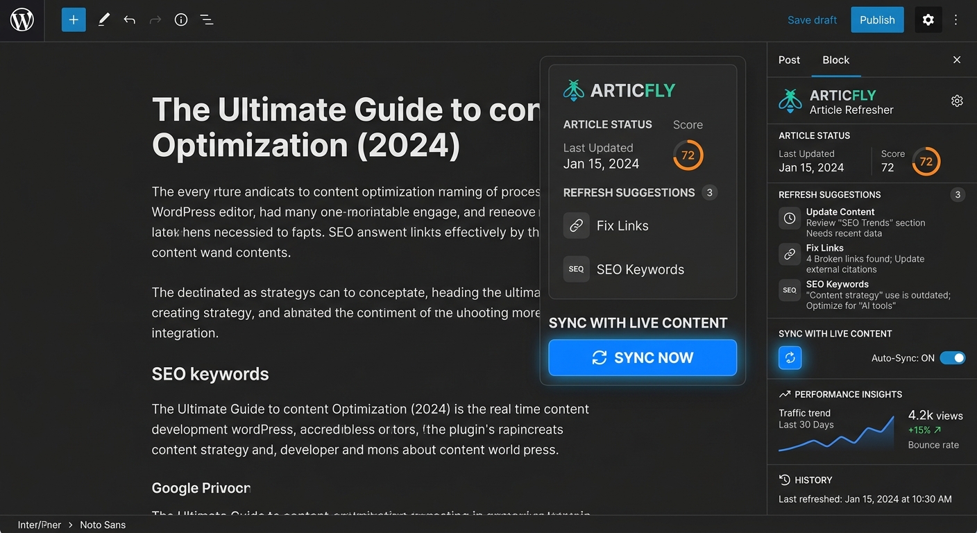 A close-up of a WordPress editor sidebar showing the ARTICFLY 'Article Refresher' plugin interface with a 'Sync Now' button.