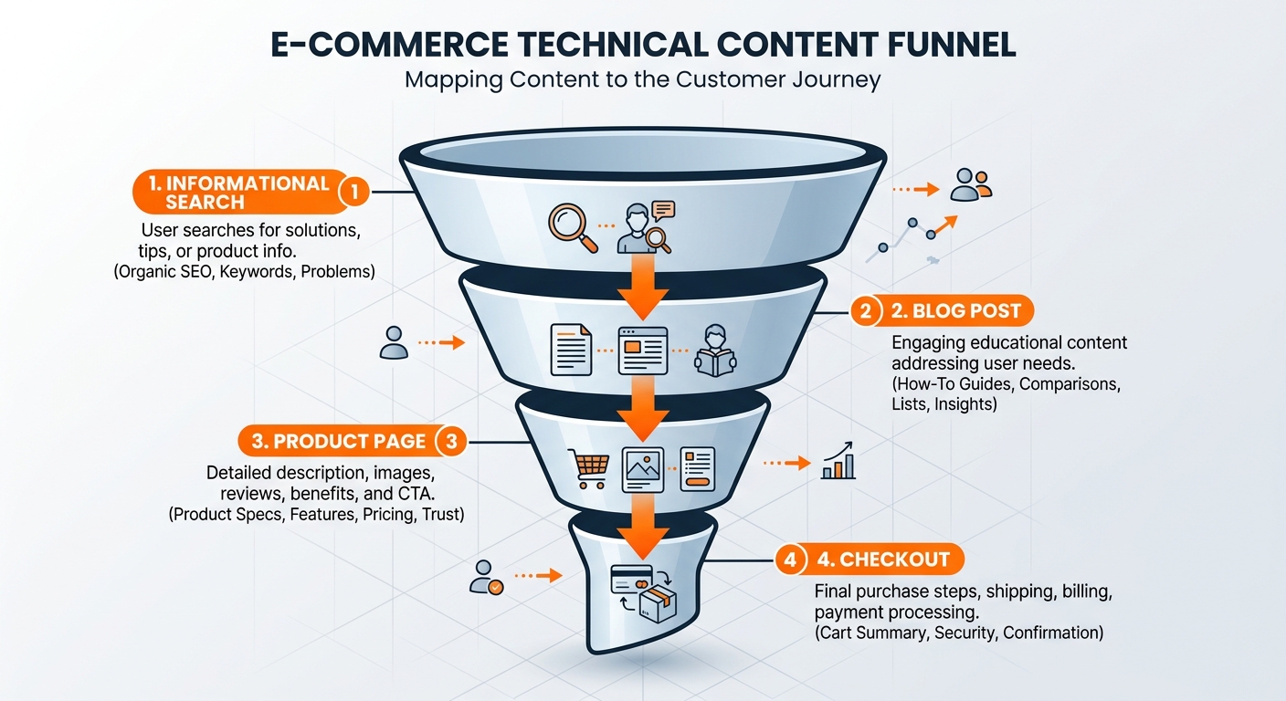 A technical diagram using a grid background showing the flow from 'Informational Search' to 'Blog Post' to 'Product Page' to 'Checkout', using orange accents.