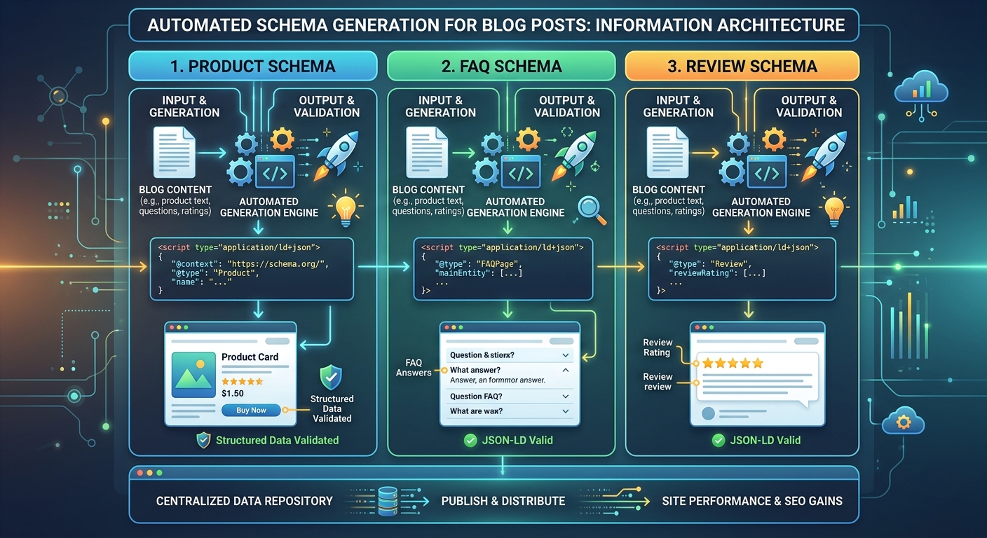A structured grid layout showing code snippets for Product, FAQ, and Review schema being automatically generated for a blog post.