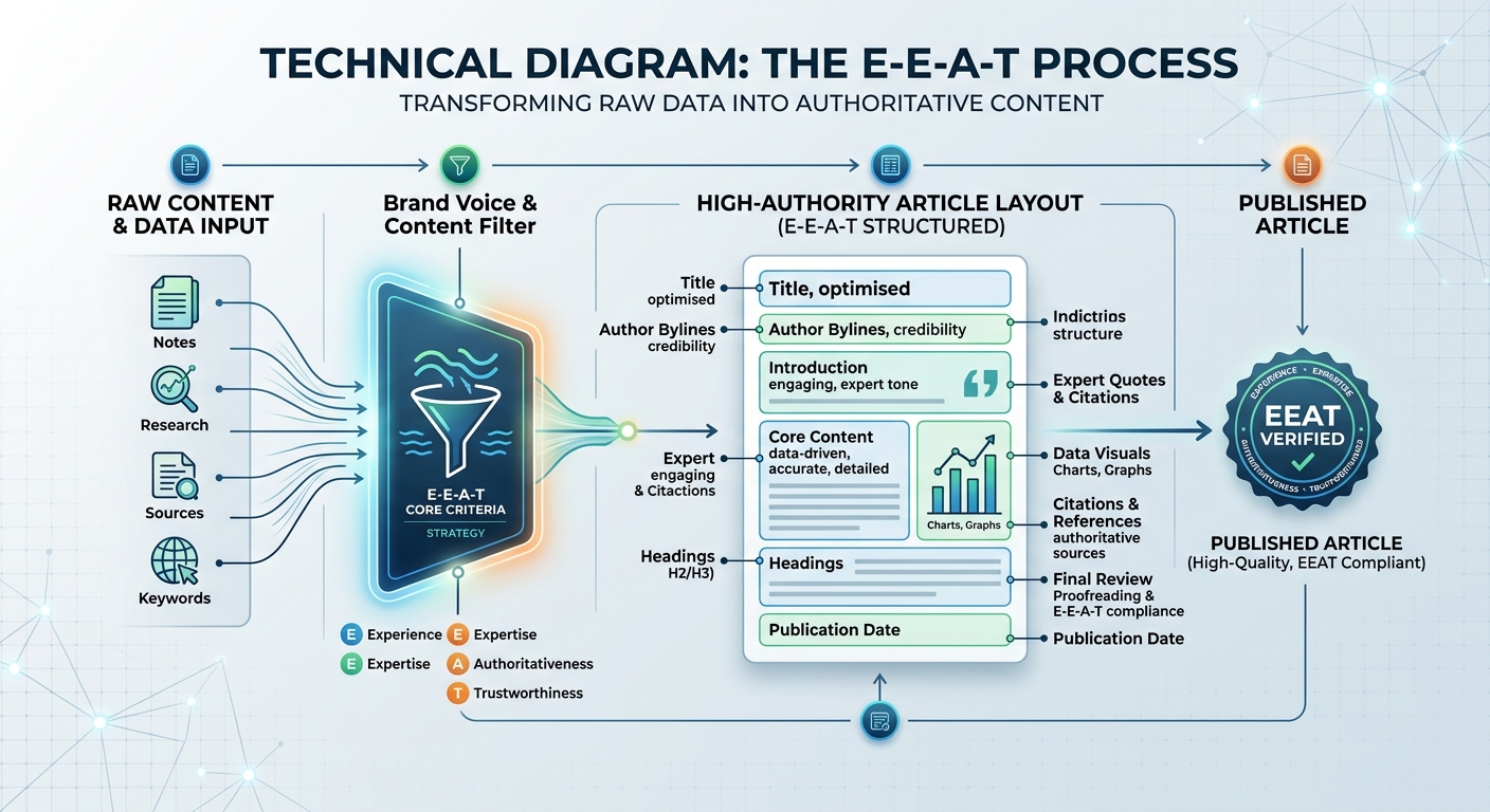 A technical diagram showing a 'Brand Voice' filter processing raw data into a structured, high-authority article layout.