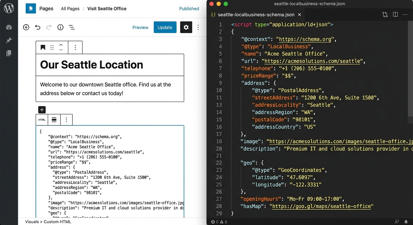 A split-screen visual showing a WordPress editor on one side and a structured data code snippet for LocalBusiness Schema on the other, with orange highlights.