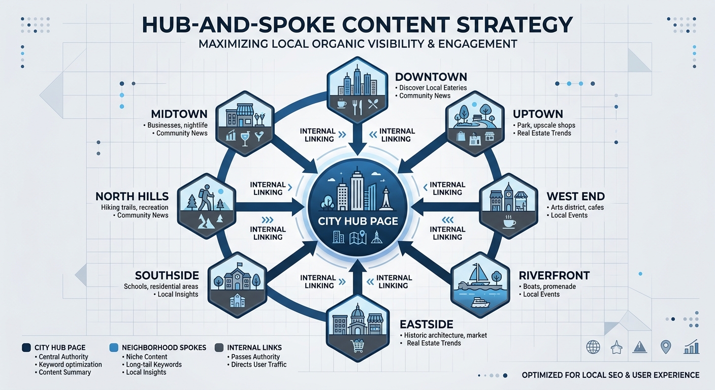An infographic-style diagram showing a central 'City Hub' page connected to various 'Neighborhood Spoke' blog posts, using a grid-based design.