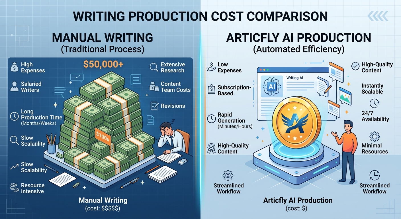 A split-screen comparison chart: one side showing a stack of money for 'Manual Writing' and the other a single coin for 'Articfly AI Production' on a grid background.