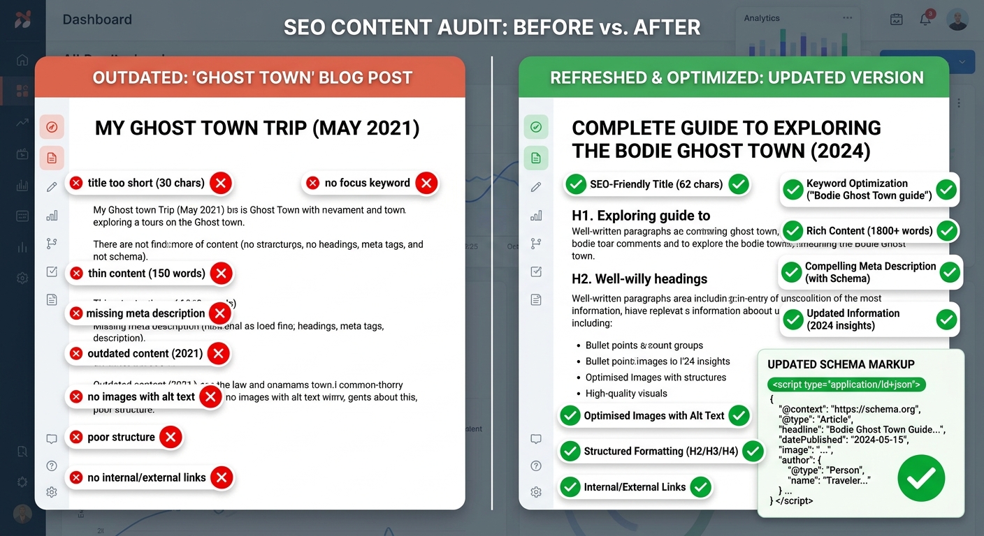 A split-screen view showing a blog post with red SEO warnings next to a refreshed version with green checkmarks.